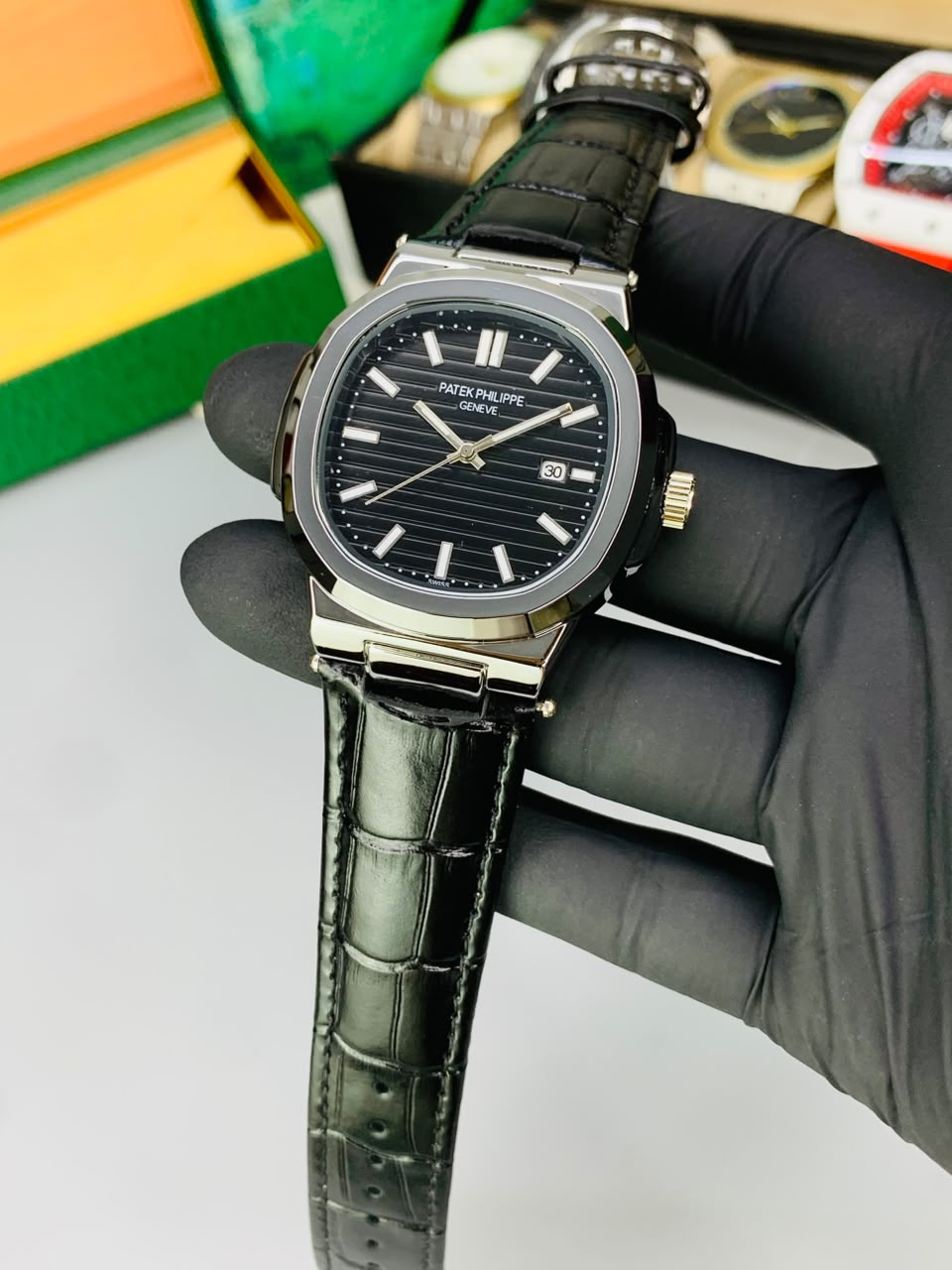 PATEK PHILLIP FULL BLACK LEATHER STRAP
